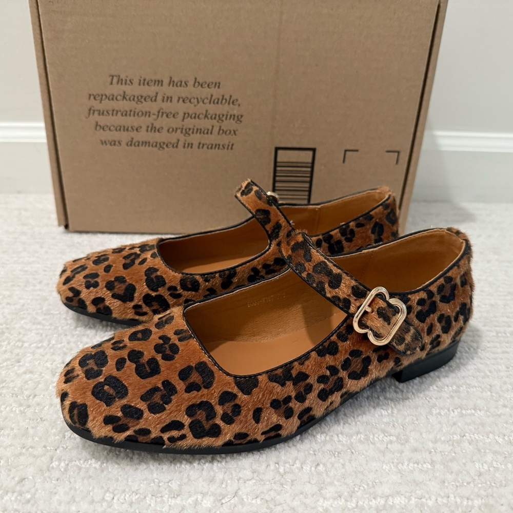 Leopard Print Mary Jane Flats - Brown/Cream